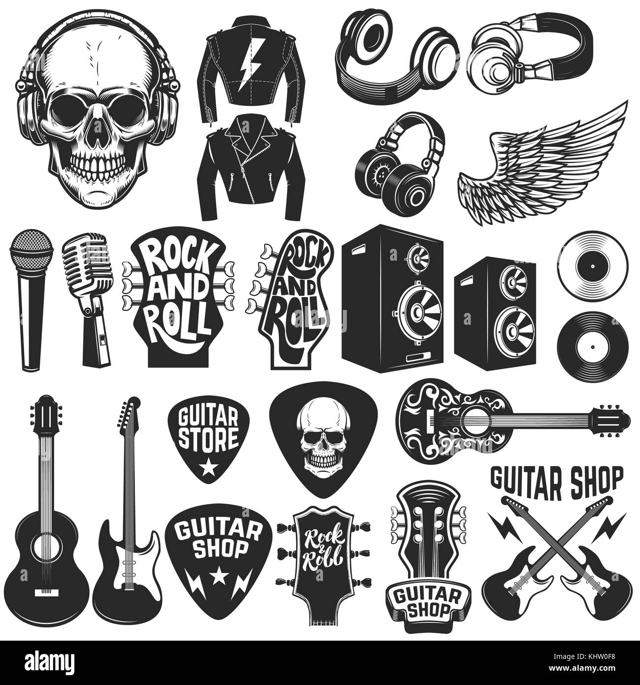 Der Rock Musik design Elemente. Guitar Shop. design elemente für Logo, Label, Emblem, Zeichen, Plakat. Vector Illustration Stockfoto