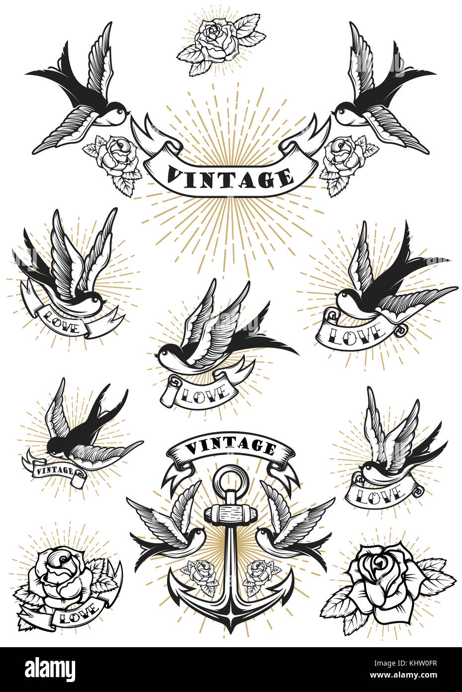 Satz von Tattoo schlucken. vintage Anker und Rosen. Design Element für Logo, Label, Emblem, sign. Vector Illustration Stockfoto