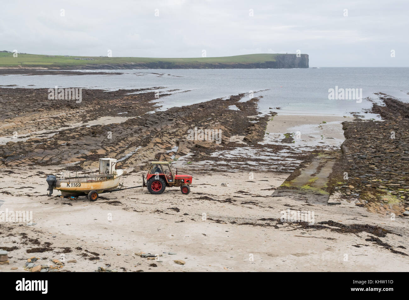 Alter Traktor, der Fischerboot über den Strand zum Meer zieht, Birsay, Orkney, Schottland, Großbritannien Stockfoto