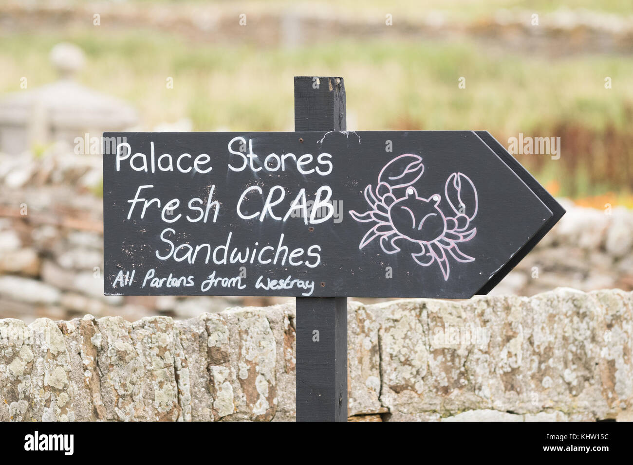 Handgeschriebenes Schild mit Werbung für frische Krabbenbrote zum Verkauf, Birsay, Festland Orkney, Schottland, Großbritannien Stockfoto