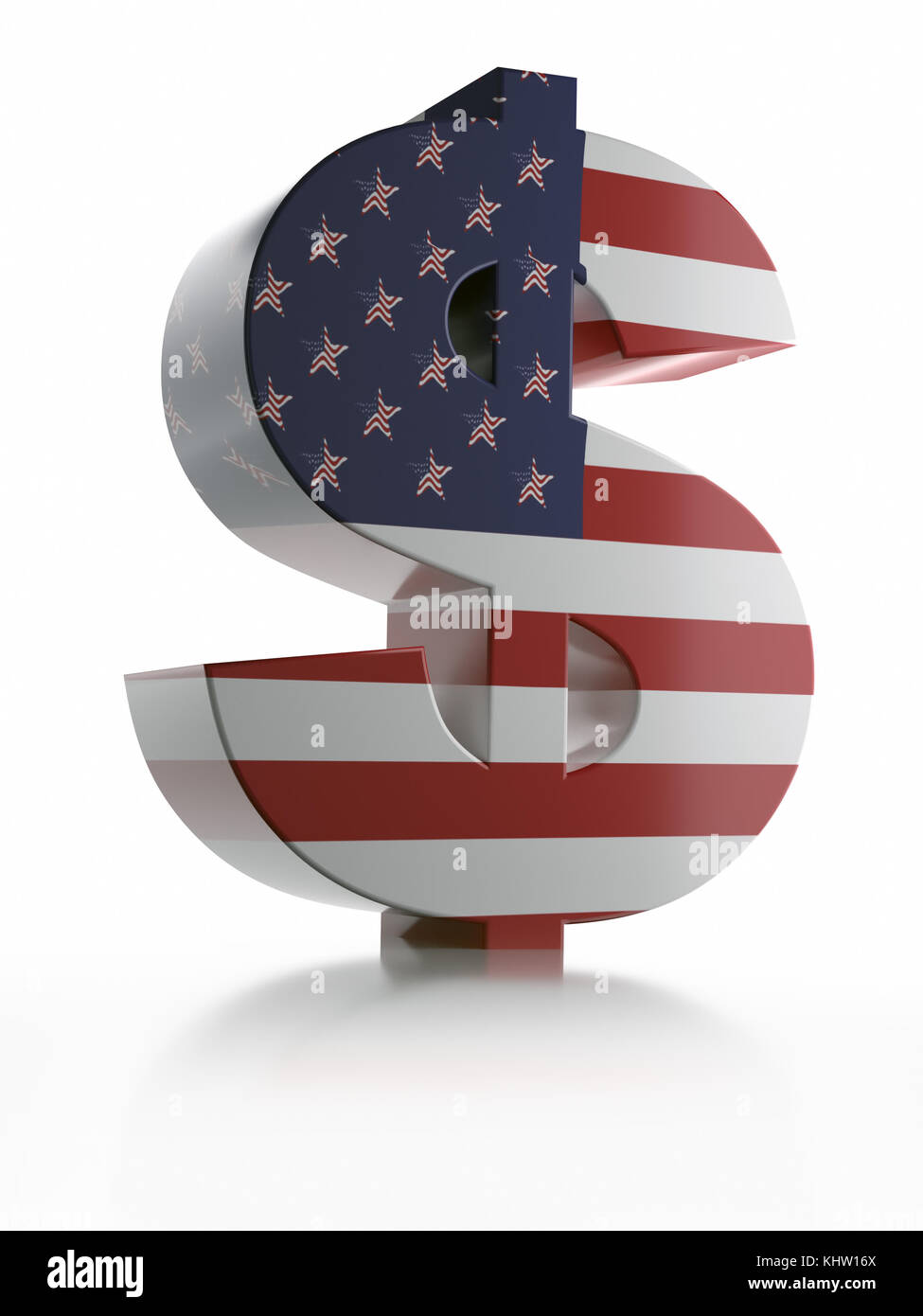 3D-Rendering eines USD-Währungssymbols, das mit amerikanischer Flagge über weißem Hintergrund umwickelt wird Stockfoto