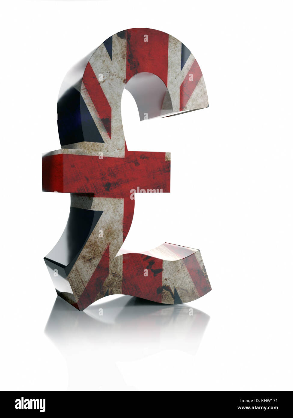 3D-Rendering des Britischen Pfund Sterling currency Symbol um mit britischer Flagge über weißen Hintergrund gewickelt Stockfoto