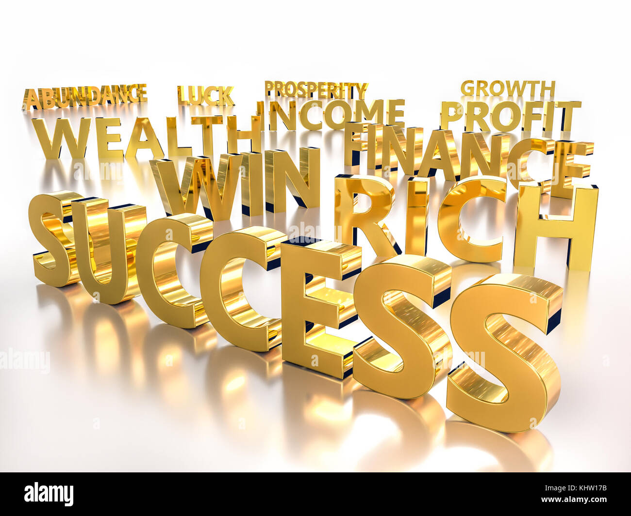 3D-Rendering des goldenen Worte mit Reichtum und Wohlstand über weißen Hintergrund verknüpft Stockfoto