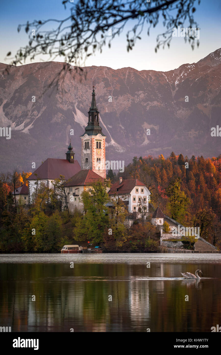 Bled, Slowenien - Schöner Herbstaufgang am Bleder See mit der berühmten Wallfahrtskirche Mariä Himmelfahrt mit Julischen Alpen im Hintergrund und Stockfoto
