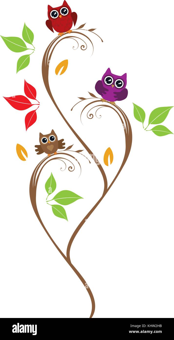 Vector Illustration von Owl Baum. Natur cartoon Hintergrund. Spaß Vögel auf den Ästen nettes Design. Stock Vektor