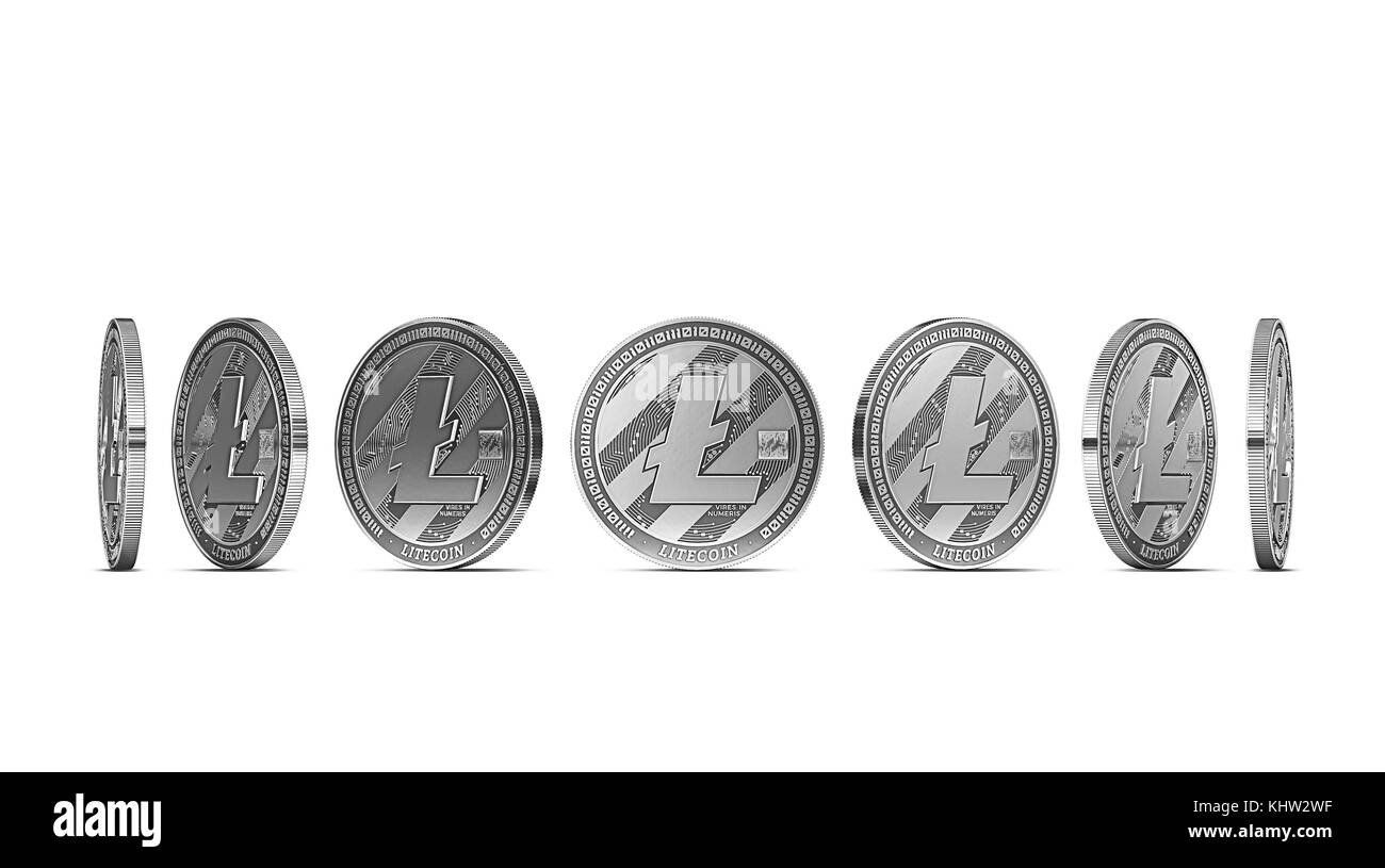 Litecoin aus sieben Winkel auf weißem Hintergrund dargestellt. Leicht zu schneiden und insbesondere Münze Winkel verwenden. 3D-Rendering Stockfoto