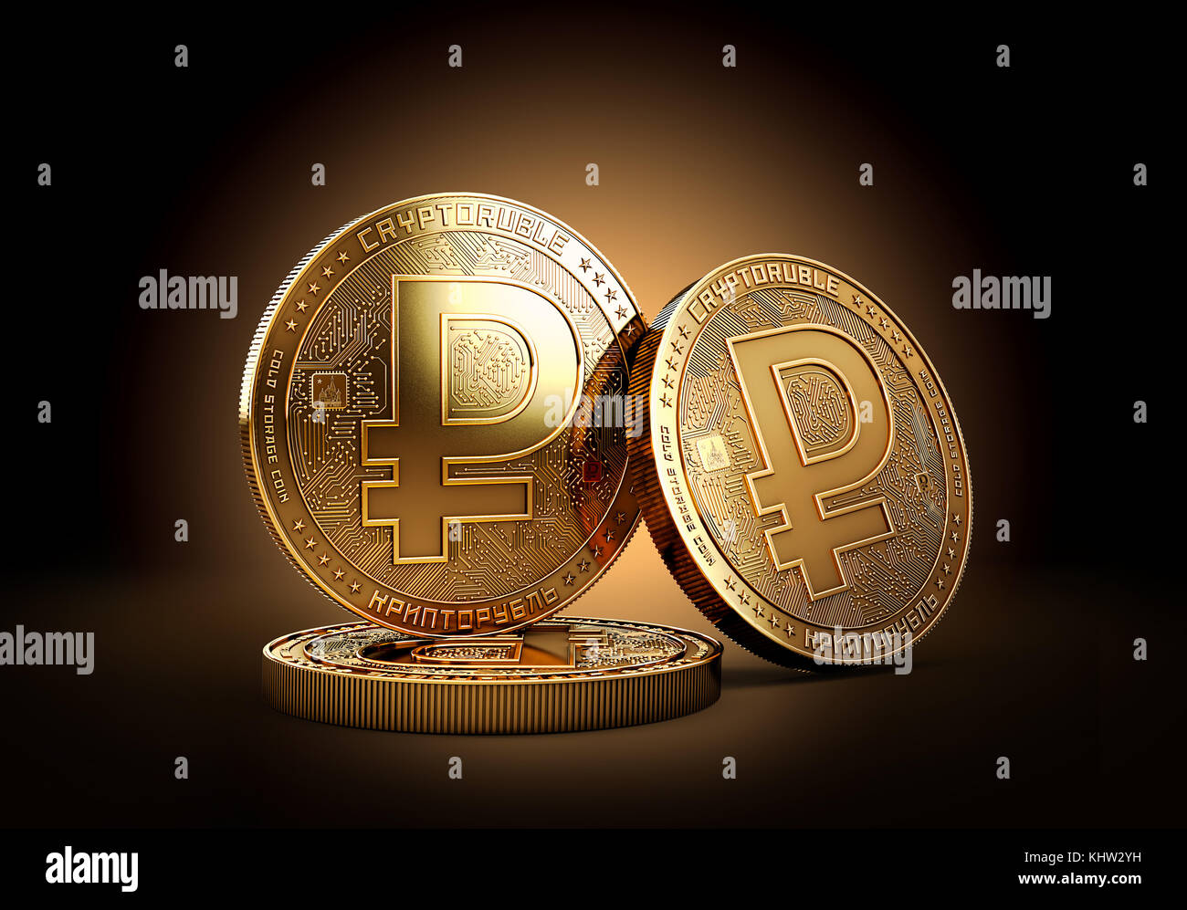 Stapel von Crypto Rubel cryptocurrency Auf goldenem Hintergrund. Konzept Münze. 3D-Rendering Stockfoto