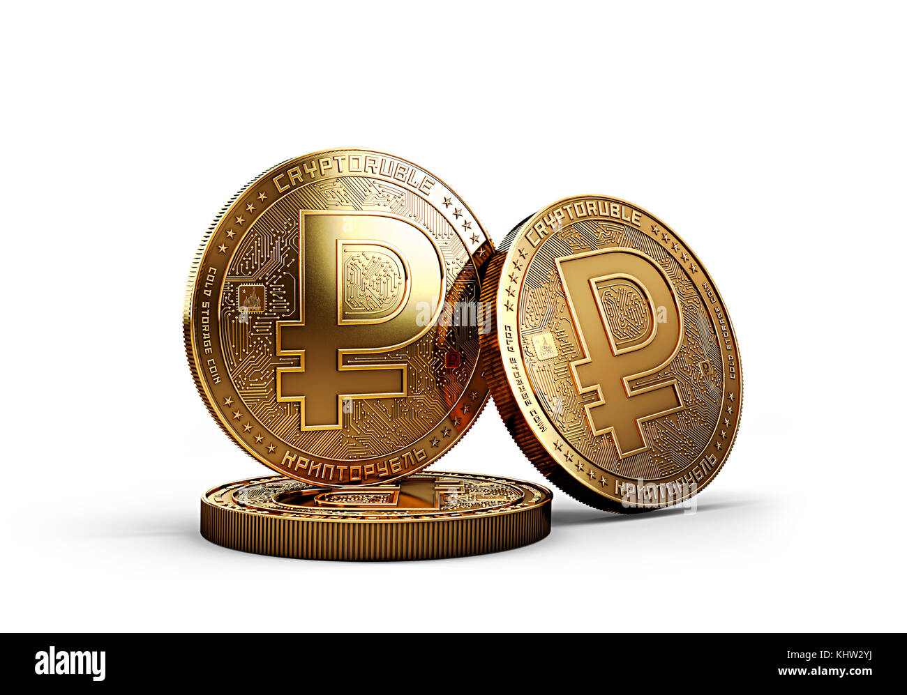 Crypto Rubel cryptocurrency physische Münzen Konzept auf weißem Hintergrund. Konzept Münze. 3D-Rendering Stockfoto
