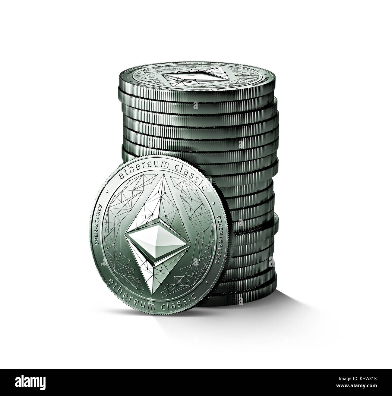 Stapel oder Stack von Silber Astraleums Classic (ETC) Münzen auf weißem Hintergrund. Eine Münze wird in Richtung der Kamera. 3D-Rendering (neue virtuelle Mo Stockfoto
