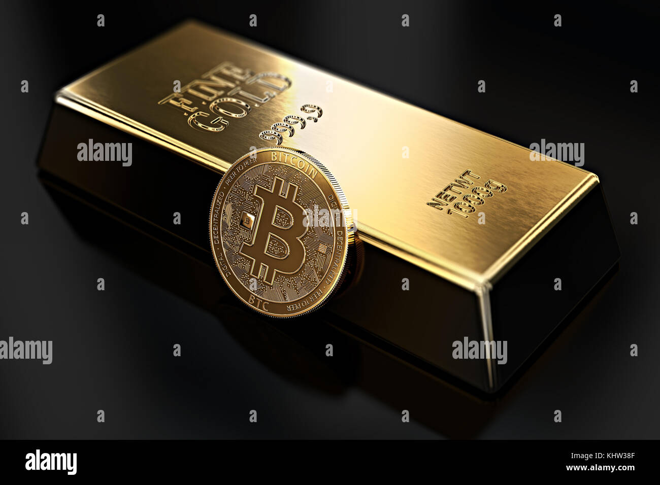 Goldener Bitcoin lehnt sich gegen Goldbarren (Goldbarren). Bitcoin ist nicht wünschenswerter als Gold. 3D-Rendering Stockfoto