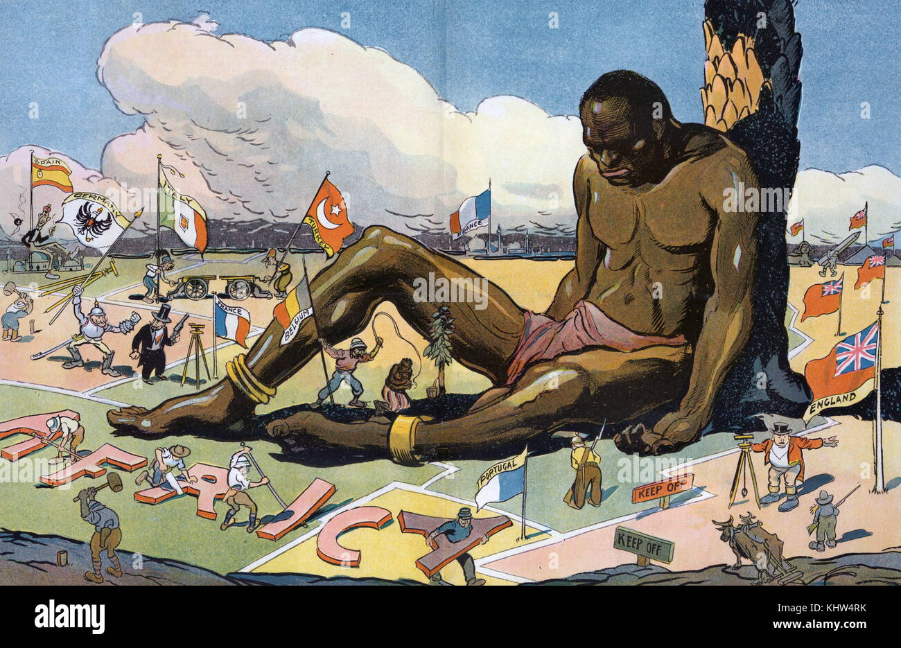 Abbildung: mit dem Titel "Die Schlafkrankheit" Darstellung einer großen afrikanischen Mann lehnte sich an einen Baum, schlafend, während einige europäische Länder staking Ansprüche sind, Teile von Afrika, die Anpflanzung von Fahnen mit der Aufschrift "England, Portugal, Belgien, der Türkei, Italien, Deutschland, Spanien und Frankreich" rund um den schlafenden Mann. Mit Ill. von Gordon Ross. Vom 20. Jahrhundert Stockfoto