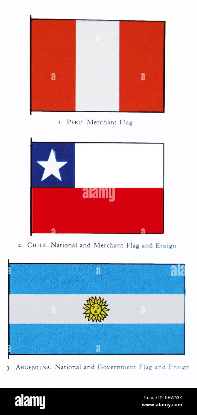 Sammlung von South American Flags: 1. Peru, 2. Chile und 3. Argentinien. Vom 20. Jahrhundert Stockfoto