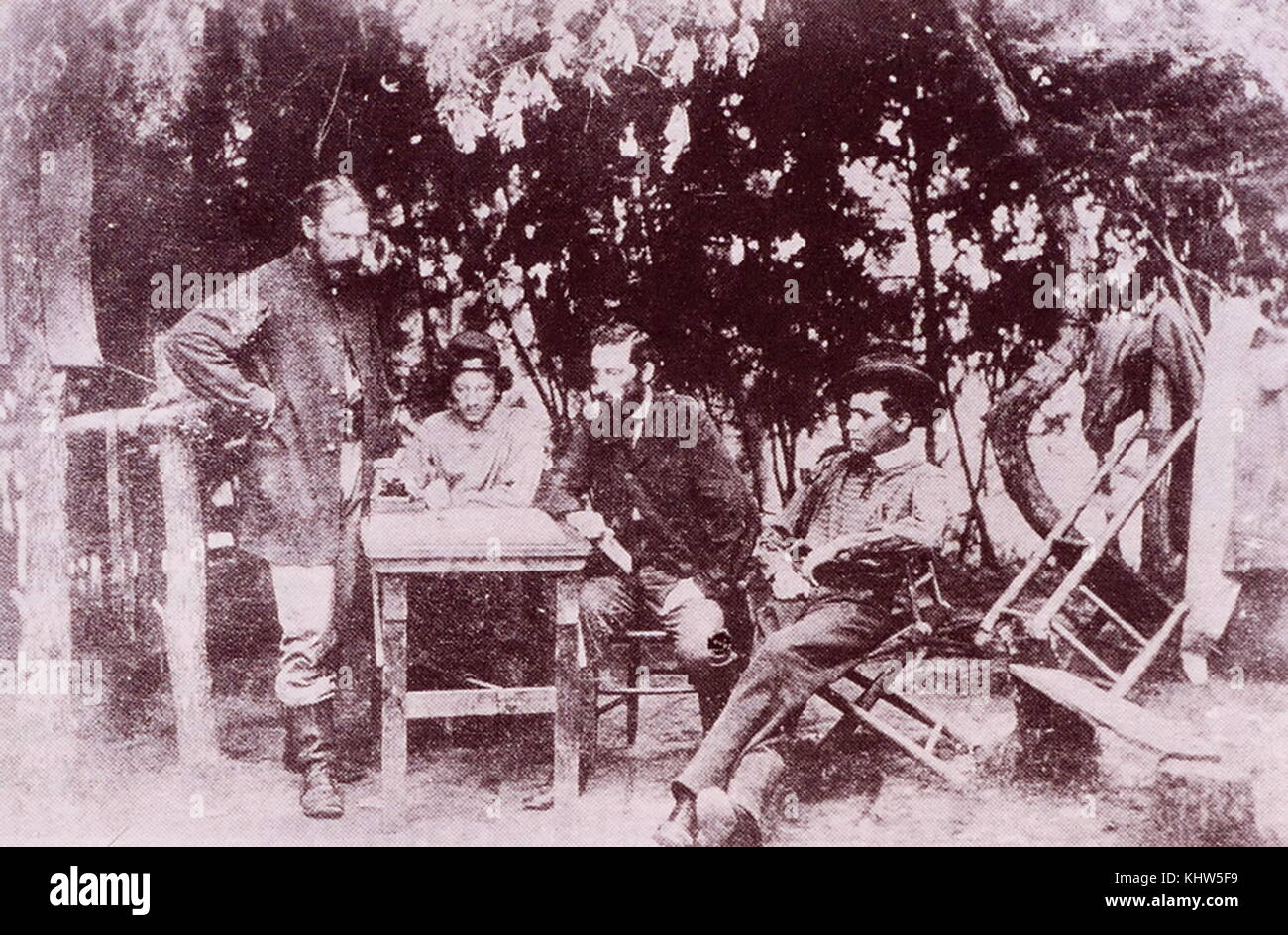 Foto einer Gruppe an der Secret Service, der Zentrale. Armee des Potomac, Antietam, Oktober, 1862. (Von links nach rechts): Seth Paine, G. H. Thiel, George H. Knalle und William Pinkerton. Vom 19. Jahrhundert Stockfoto