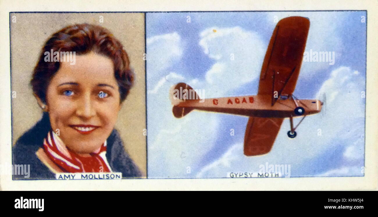 Abbildung: Darstellung von Amy Mollison (geborene Johnson) und Ihr Flugzeug Schwammspinner. Amy Mollison (geborene Johnson) (1903-1941) ein britischer Pilot, der solo Fliegen oder mit ihrem Ehemann, Jim Mollison, setzen viele Datensätze bei der rasanten Entwicklung des Luftverkehrs in den 1930er Jahren. Vom 20. Jahrhundert Stockfoto