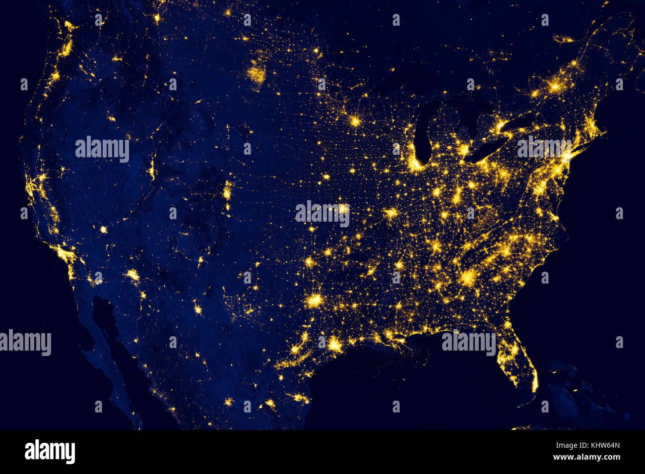 Foto von den Vereinigten Staaten in der Nacht, als vom Weltraum aus gesehen. Vom 21. Jahrhundert Stockfoto
