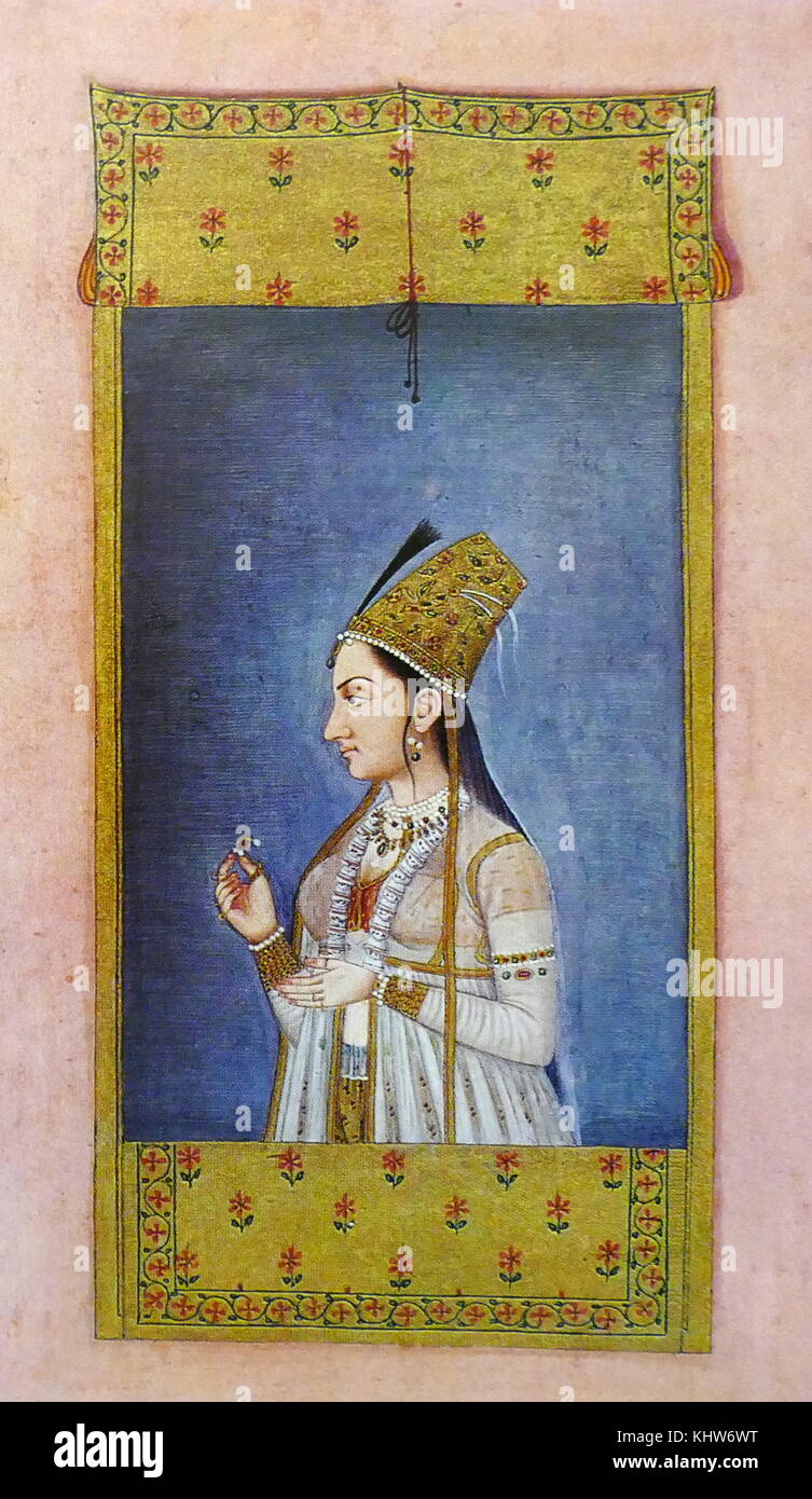 Mughal Porträt einer Prinzessin am Fenster Holding ein Juwel gesehen. Sie Gesichter verlassen und befindet sich in einem durchsichtigen Gewand über einen blühenden Rock gekleidet. Sie ist reich, Bejeweled und trägt ein hohes Gold blühenden Hut mit einem schwarzen aigrette und einem durchsichtigen Schleier über ihre Schultern fallen; die Fenster blind vor ihr und den Hängenden drapiert über dem Schweller sind mit Blumen auf einem goldenen Boden eingerichtet, auf einem Album Leaf mit einer Grenze von silbernen und vergoldeten Blättern auf ein dunkles Blau Masse, vier Zeilen der Nasta'liq Kalligraphie auf die Verso auf Gold und Silber. Vom 18. Jahrhundert Stockfoto