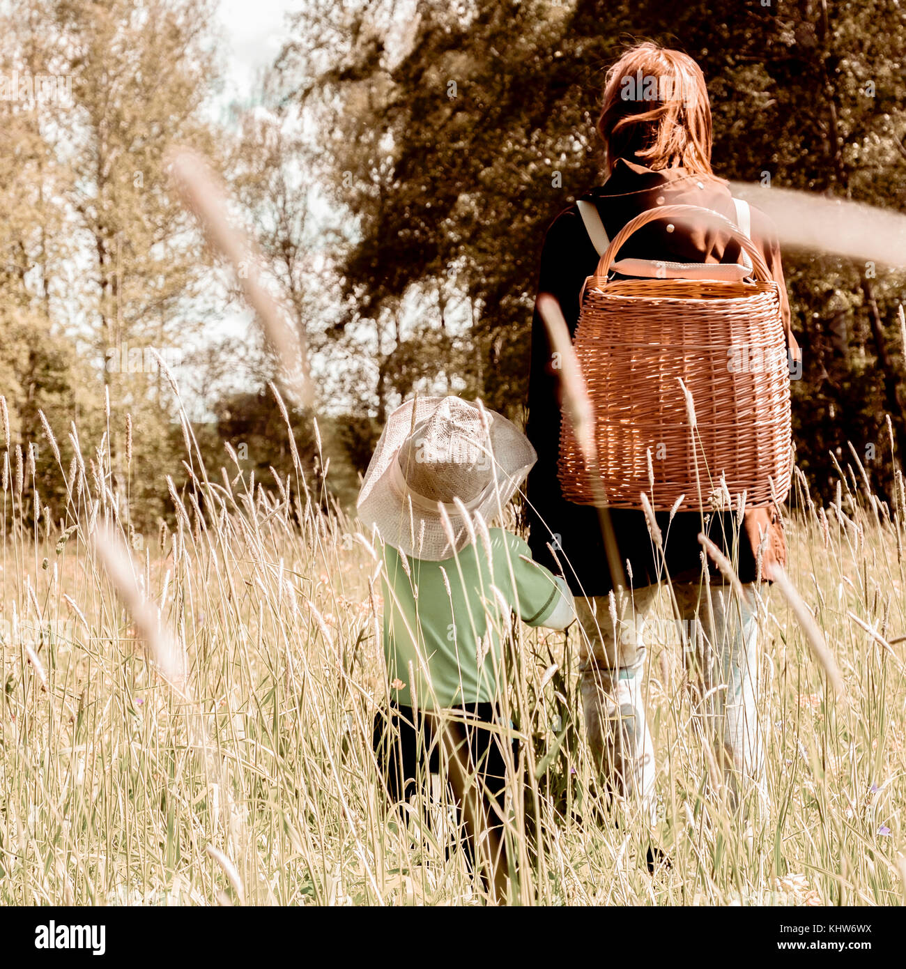 Mutter und Kind auf wildflower Feld, Ural, Sverdlovsk, Russland Stockfoto