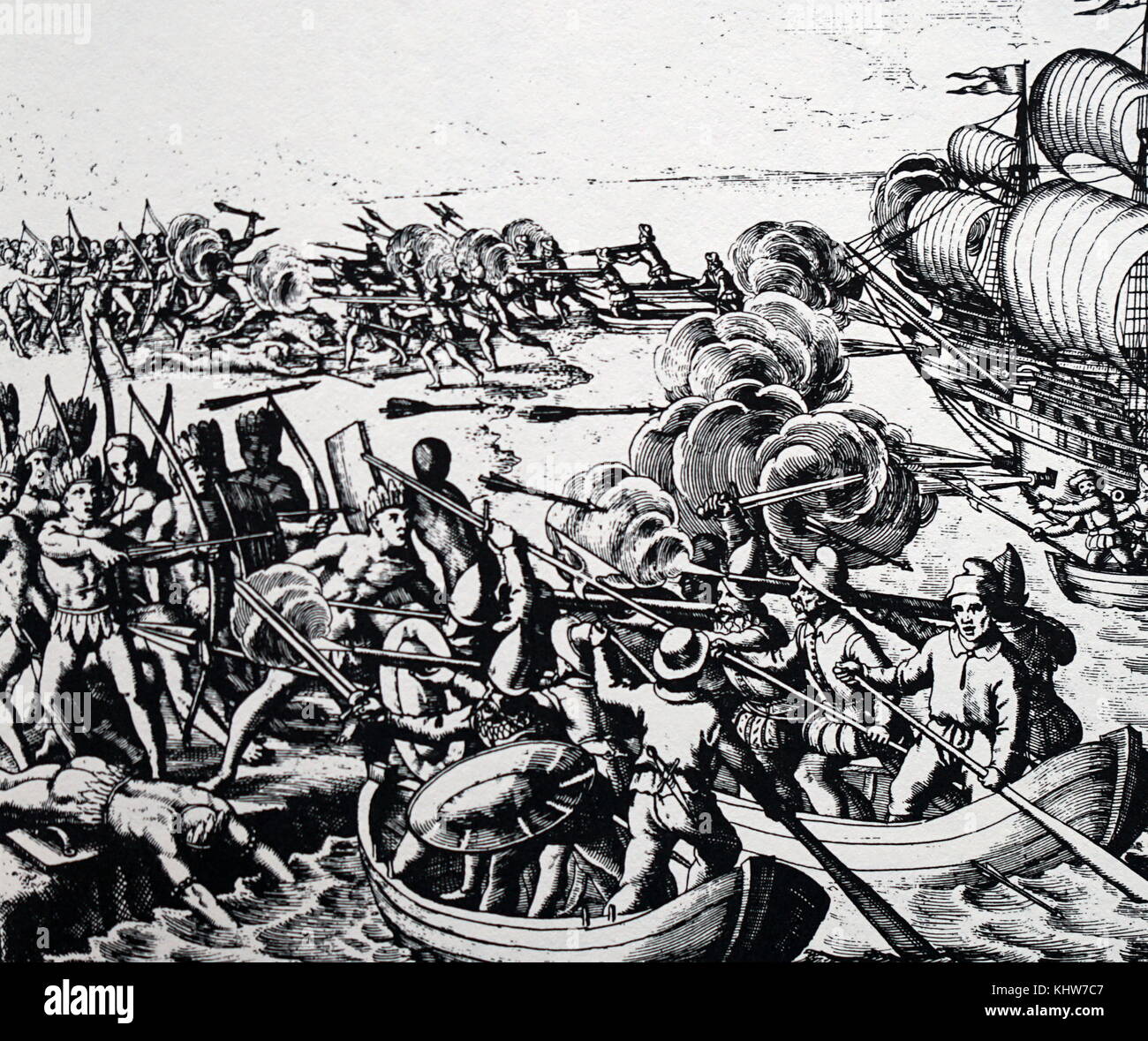 Gravur, Amerigo Vespucci die Spanier Kämpfen der Indianer in Brasilien. Amerigo Vespucci (1454-1512) eine Italienische Explorer, Finanzier, Navigator und Kartographen. Vom 16. Jahrhundert Stockfoto