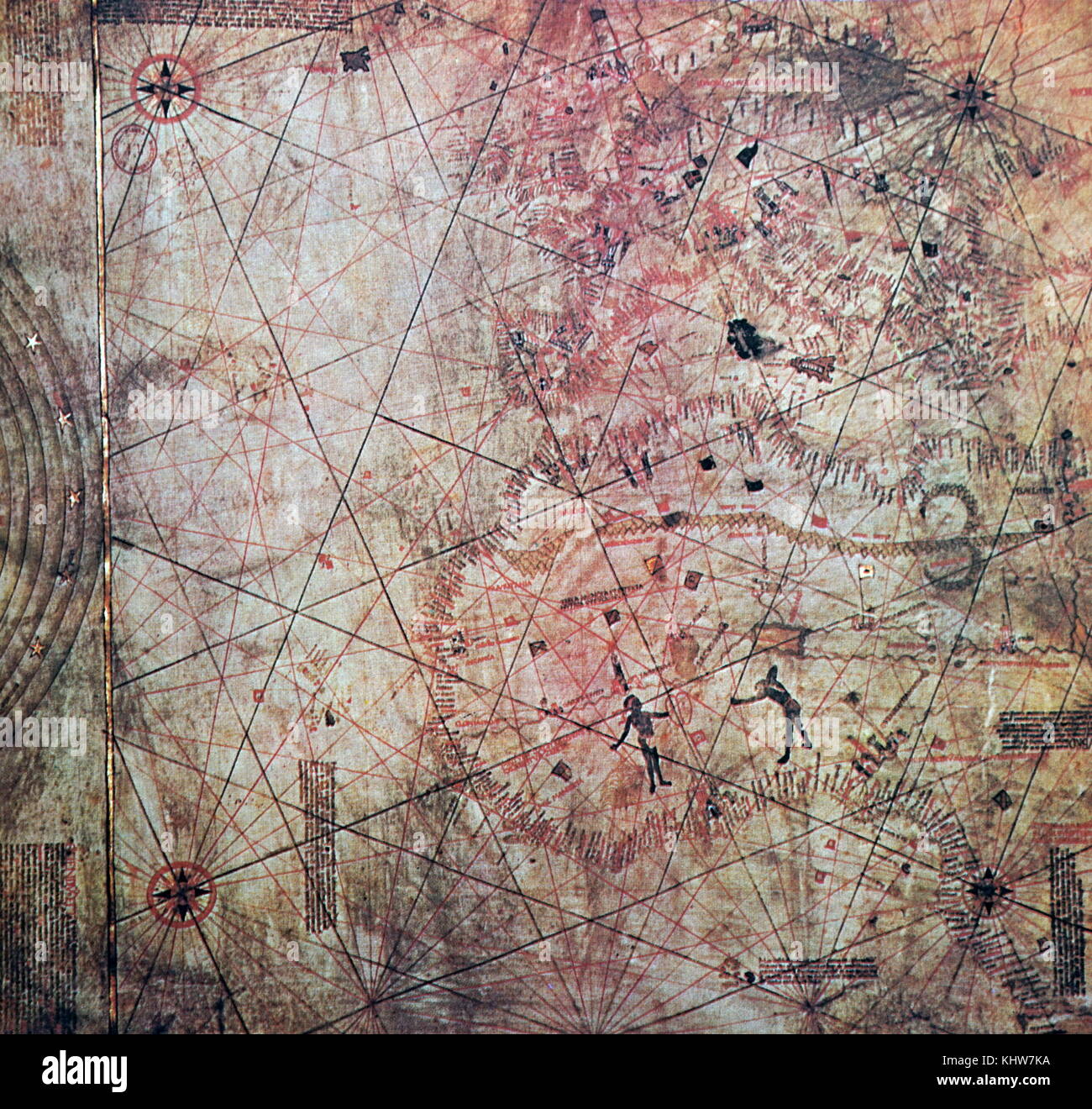 Karte malte auf kalbsleder geglaubt von Christopher Columbus gezogen worden zu sein. Christopher Columbus (1451-1506) eine Italienische Explorer, Navigator und kolonisator. Vom 15. Jahrhundert Stockfoto