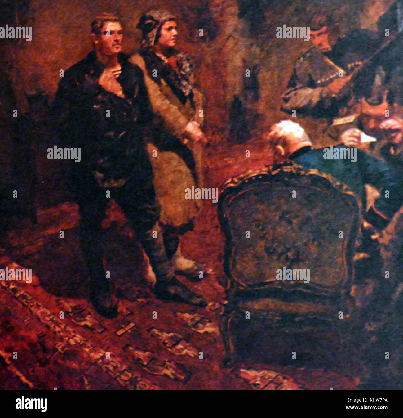 Gemälde der Darstellung zwei Bolschewiki über ihre politischen Aktivitäten, die von der Provisorischen Regierung nach dem Juli Tage unterdrückt wurden verhört zu werden. Erreichen für seine Pistole, der offizier (rechts) bereit, um das Interview zu Ende scheint. Vom 20. Jahrhundert Stockfoto