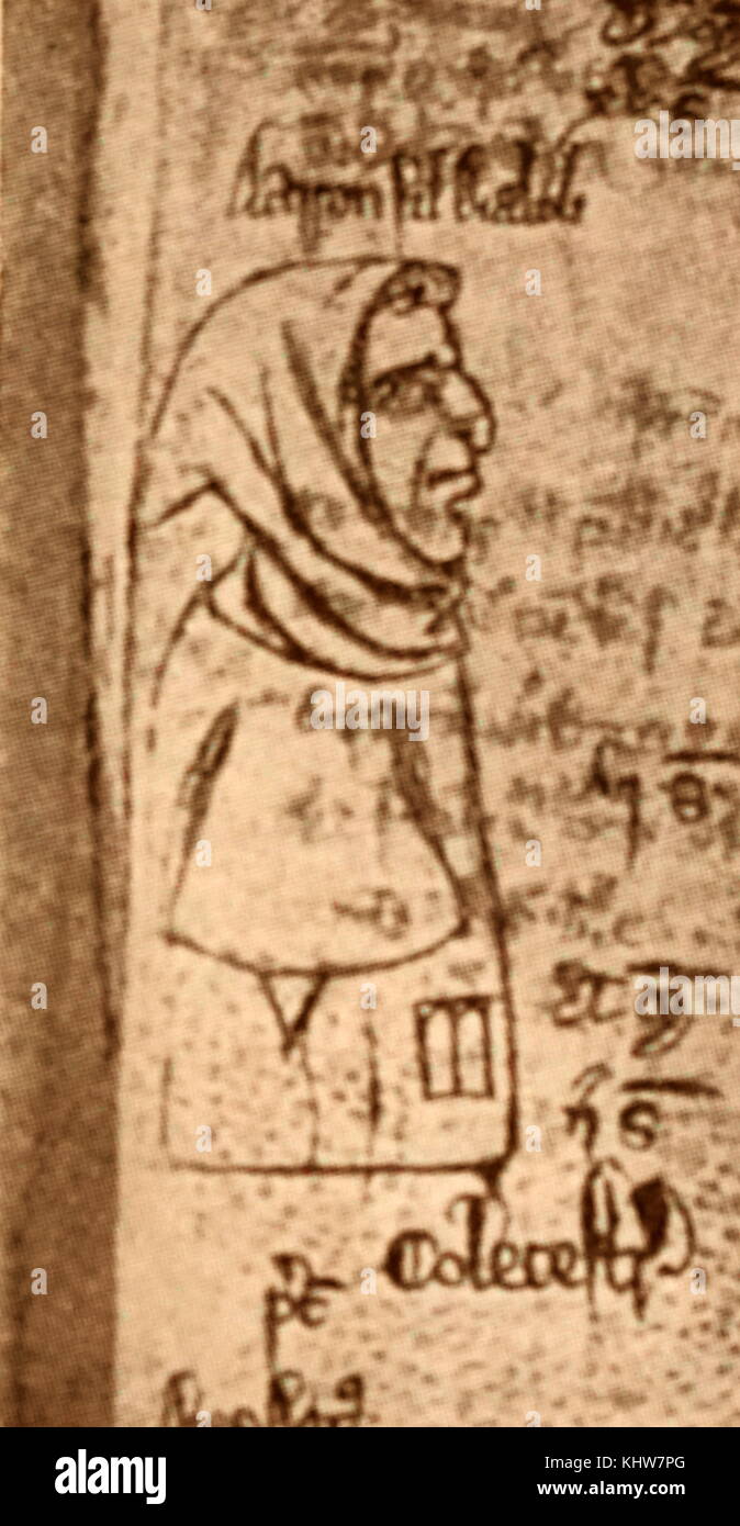 Antisemitische Karikatur mit dem Titel "Aaron, Sohn des Teufels", ein englischer Jude, der auf eine Essex County Dokument. Vom 13. Jahrhundert Stockfoto
