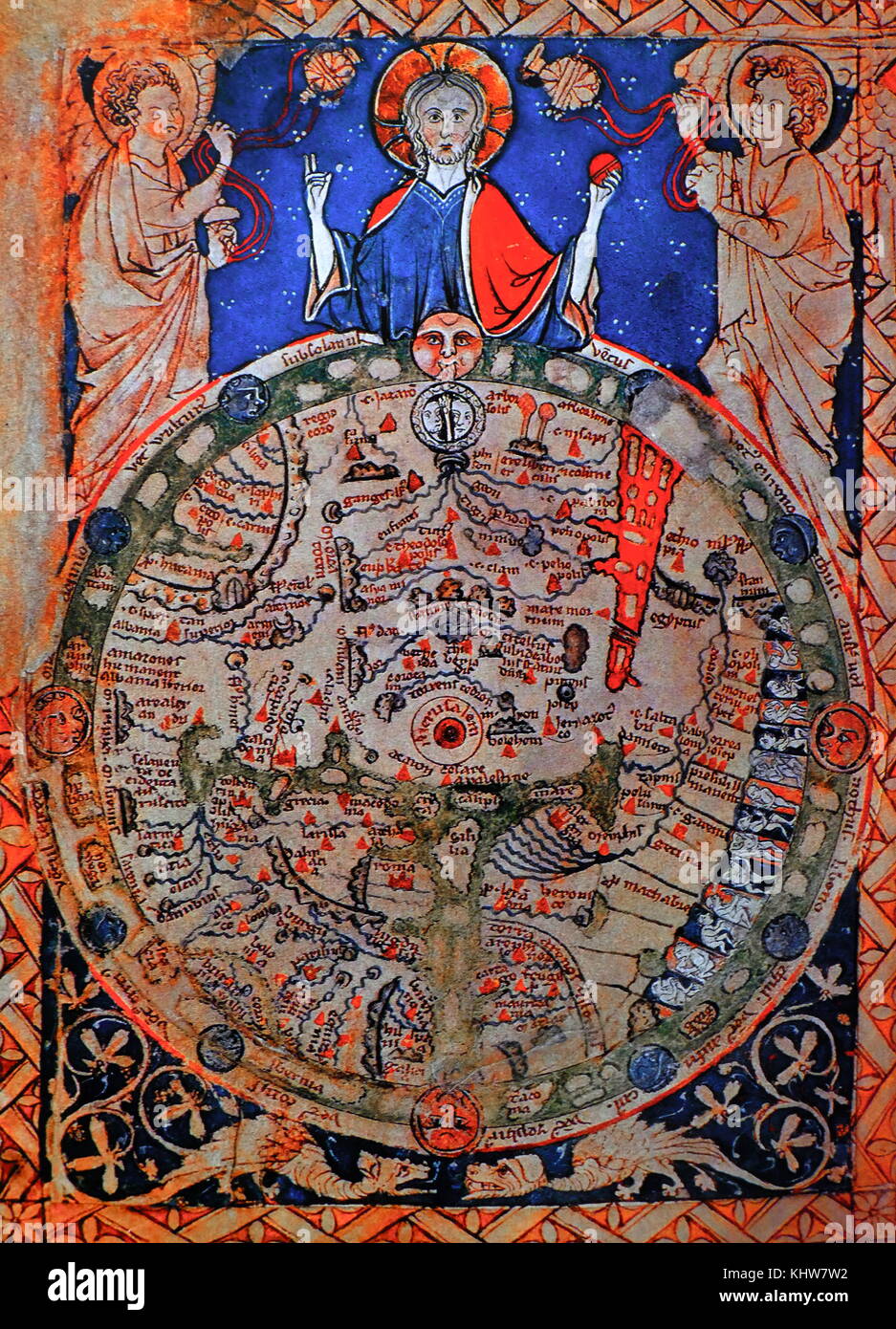 Psalter Darstellung Christus Urteil er Welt, mit Jerusalem in der Mitte. Der OMPHALOS, der zentrale Punkt, wurde in der Kirche des Grabes gekennzeichnet. Vom 13. Jahrhundert Stockfoto