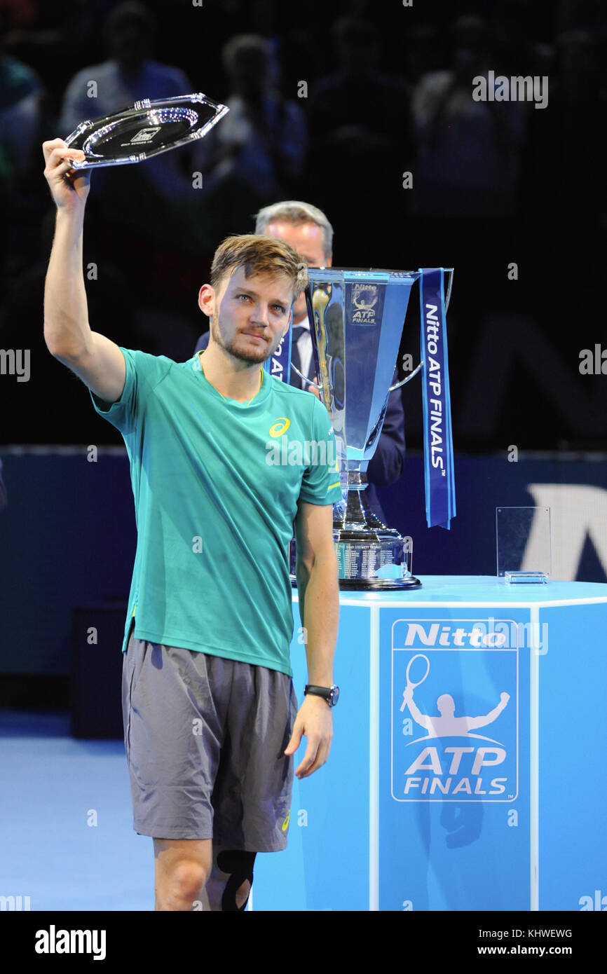 London, Großbritannien. November 2017. David Goffin (BEL) mit seinem zweiten Platz bei der Preisverleihung am Ende des Einzelwettbewerbs in den Nitto ATP Finals in der O2 Arena, London, Großbritannien. Goffin wurde von Grigor Dimitrov (BUL) in einem hart umkämpften Spiel mit 7:5, 4:6, 6:3 geschlagen. Quelle: Michael Preston/Alamy Live News Stockfoto