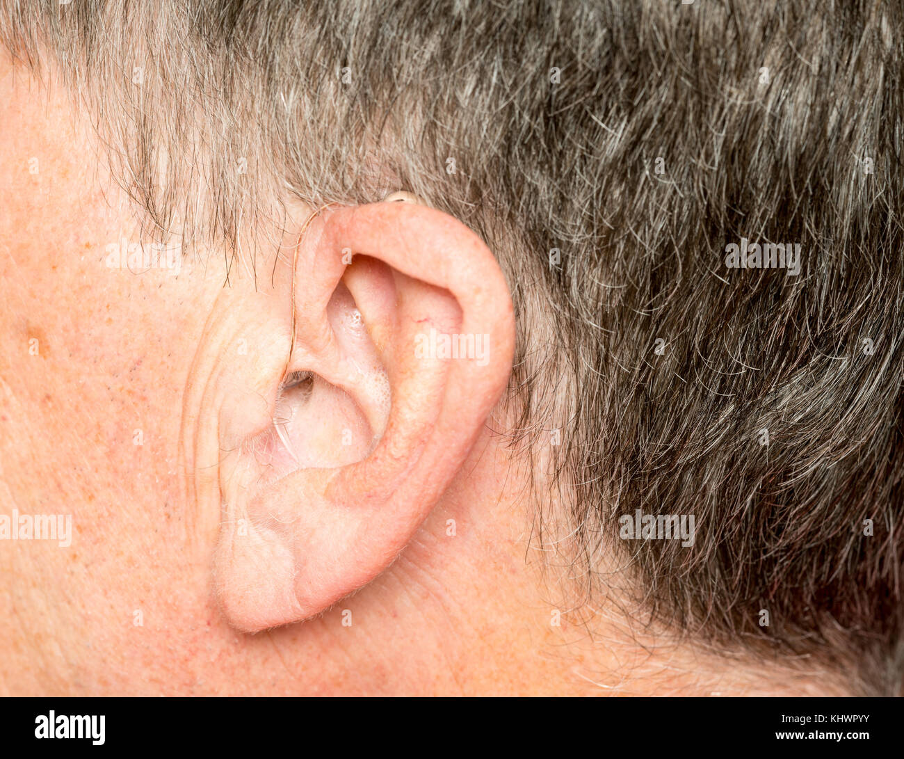 Nahaufnahme von einem winzigen modernen Hörgerät hinter dem Ohr Stockfoto