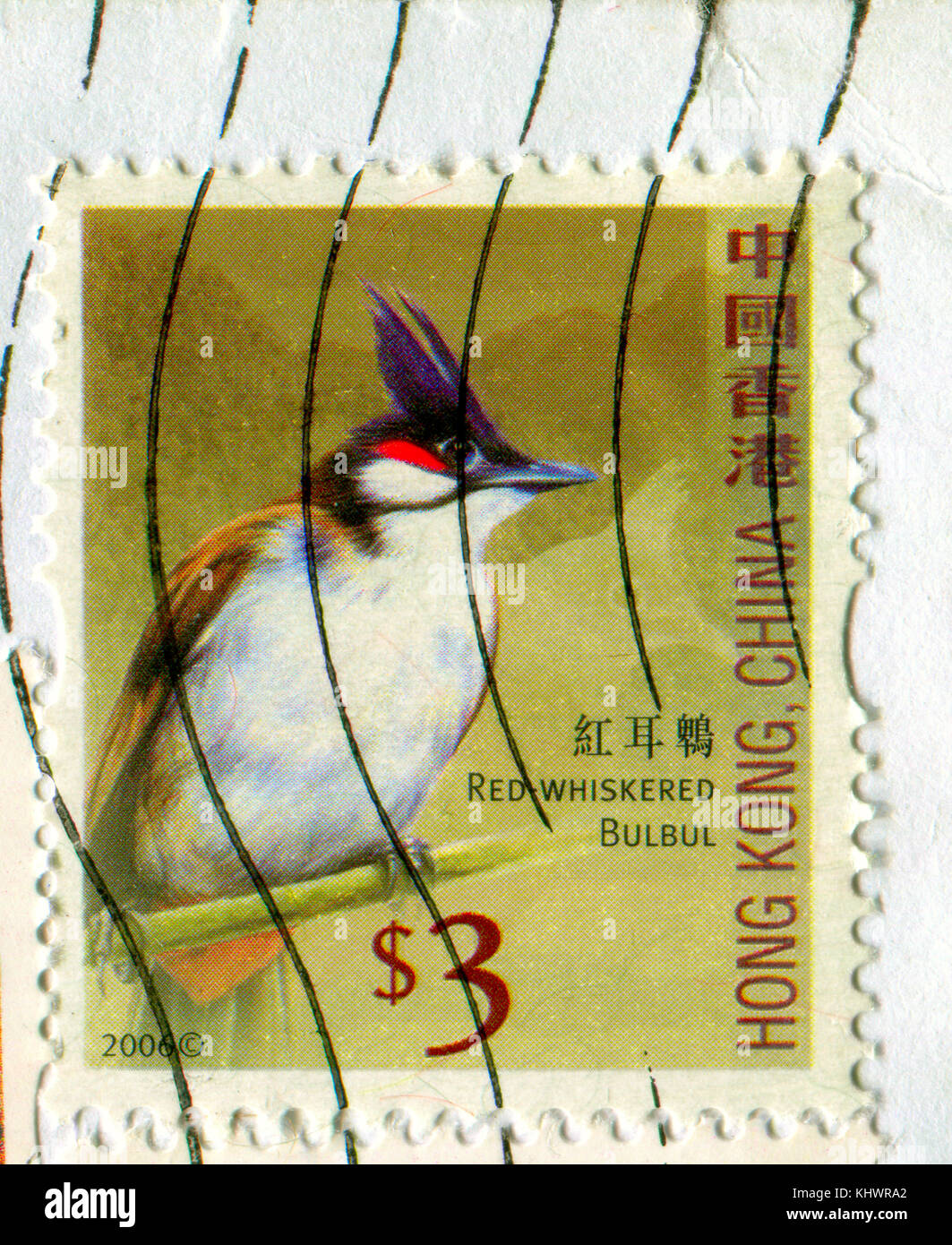 GOMEL, WEISSRUSSLAND, 19. NOVEMBER 2017, Briefmarke gedruckt in HONG KONG, China zeigt Bild des Rotflüsterigen Bulbul, um 2006. Stockfoto