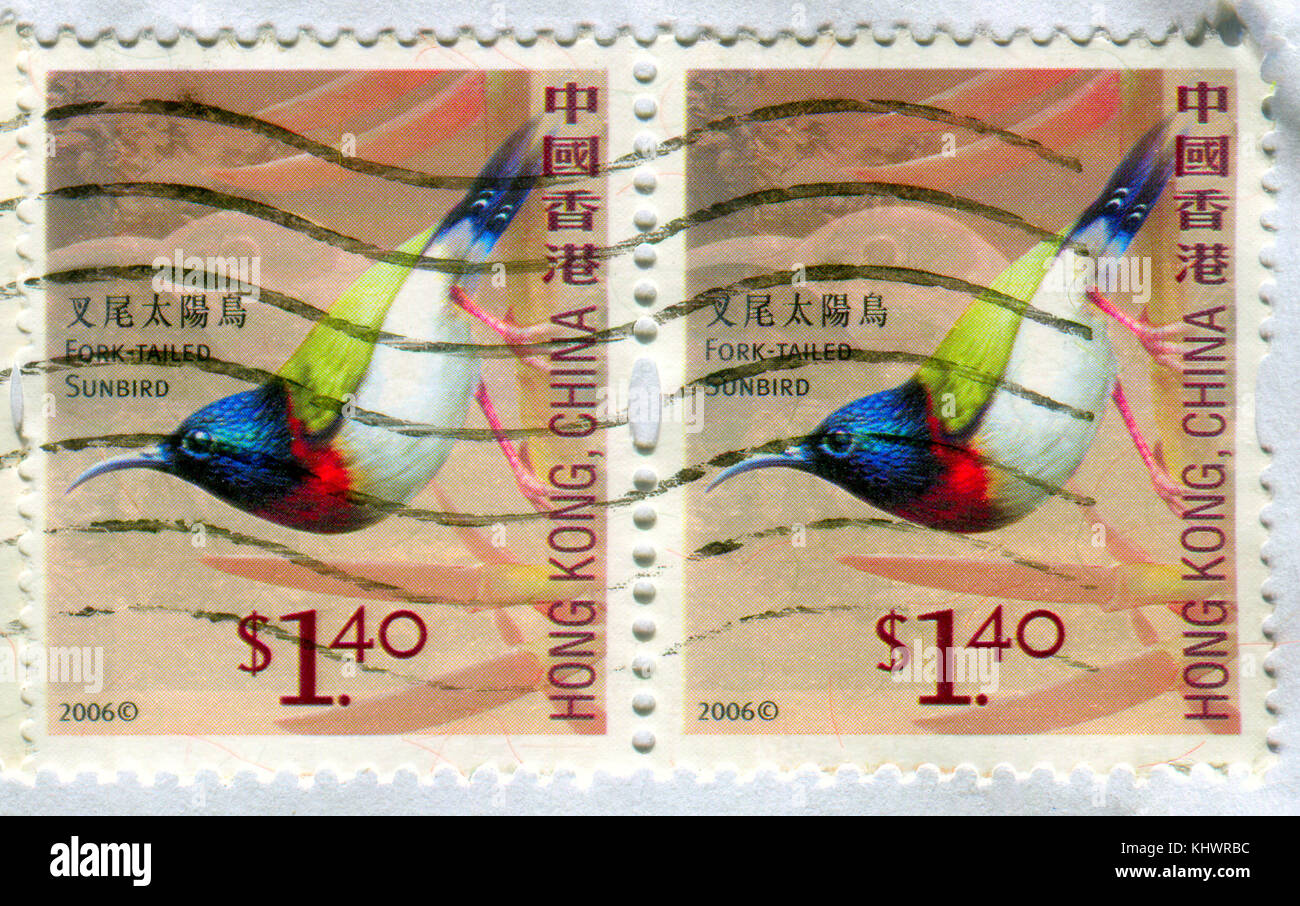 GOMEL, BELARUS, 19. November 2017, Stempel in Hongkong, China zeigt ein Bild von der Gabel-tailed Sunbird, circa 2006. Stockfoto