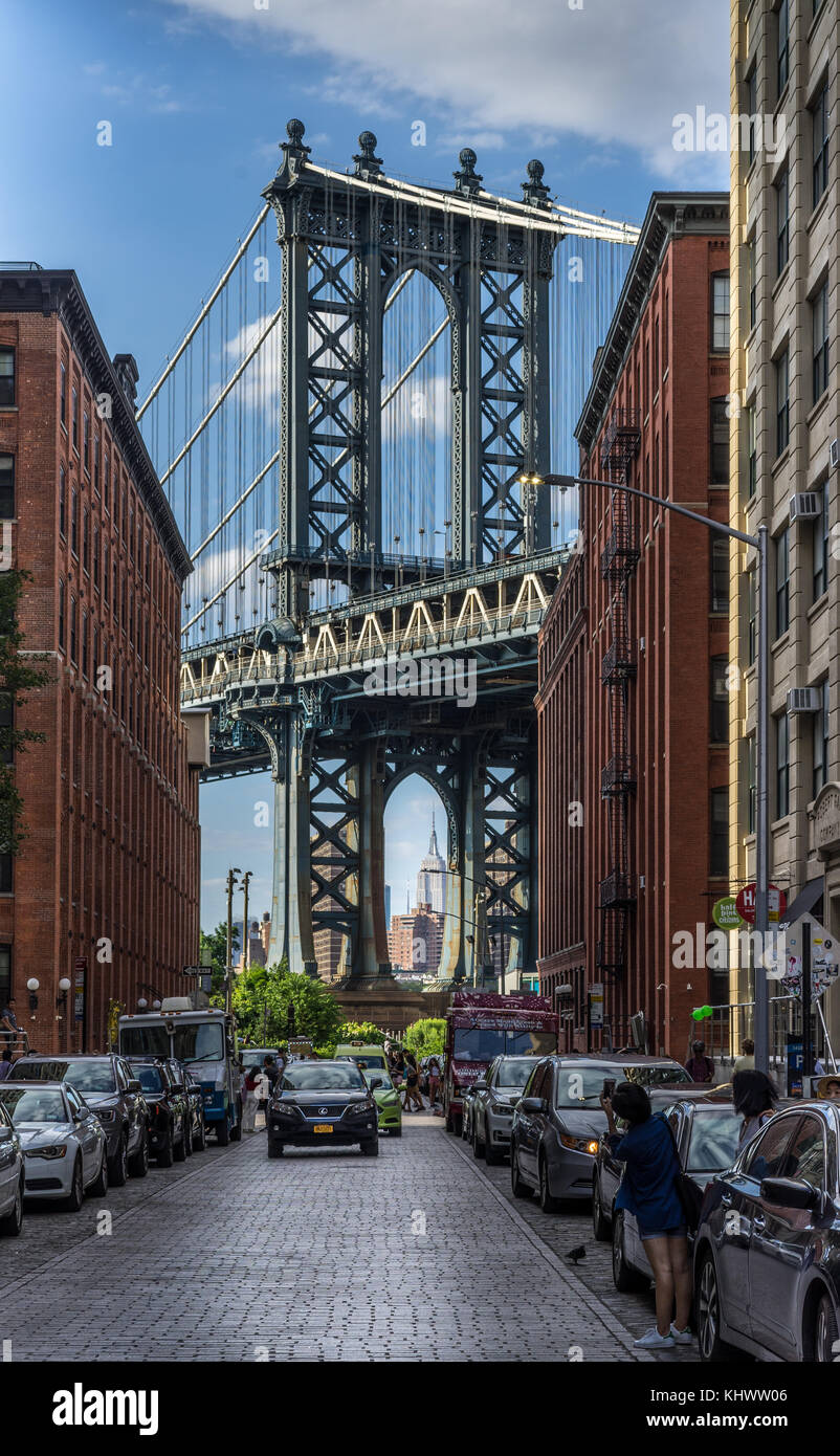 New York, NY, USA - 15. Juli 2017. brooklyn bridge Blick von Washington Street in Brooklyn Stockfoto