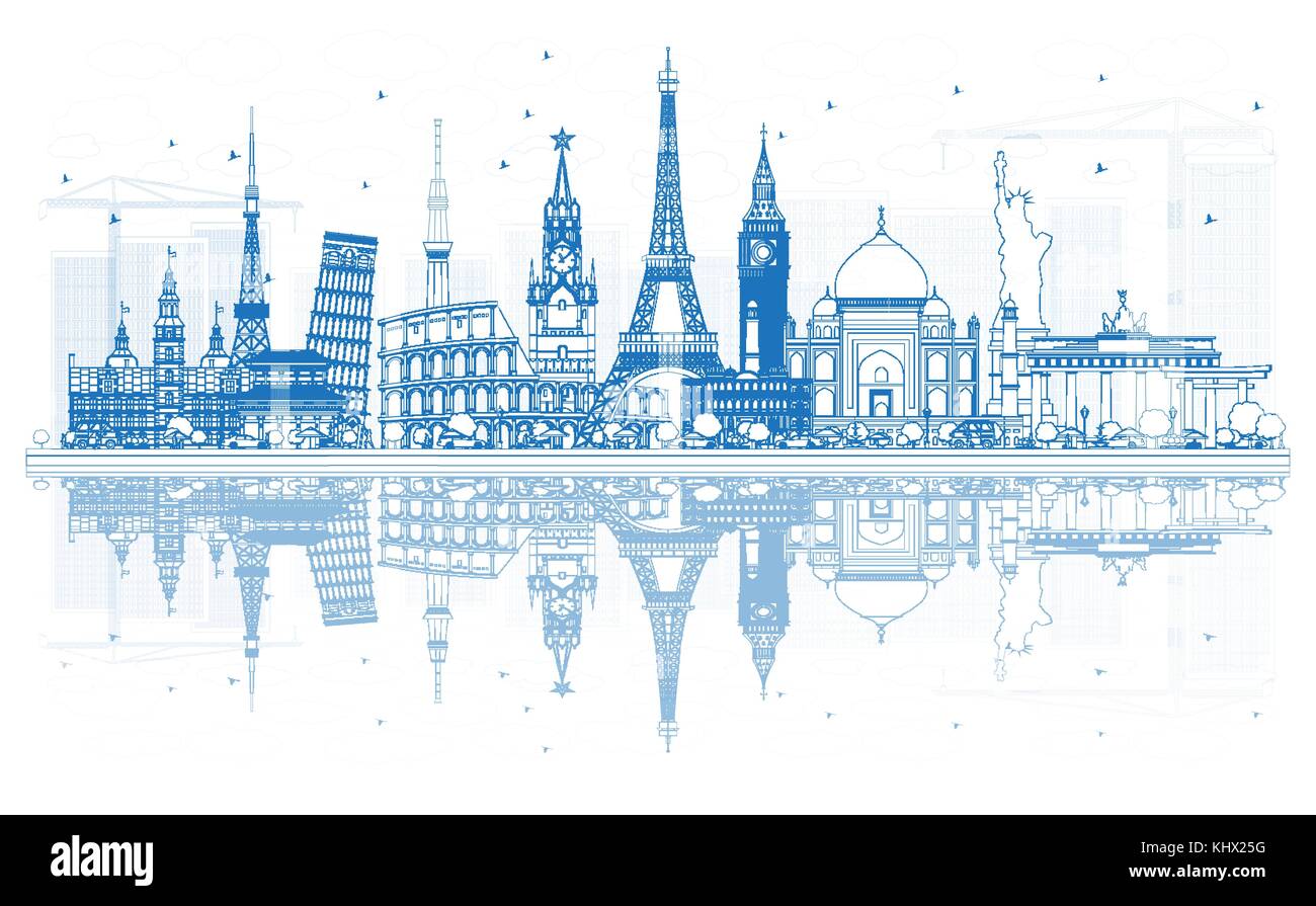 Übersicht Reise rund um die Welt mit berühmten internationalen Wahrzeichen. Vector Illustration. Wirtschaft und Tourismus Konzept. Bild für die Präsentation Stock Vektor