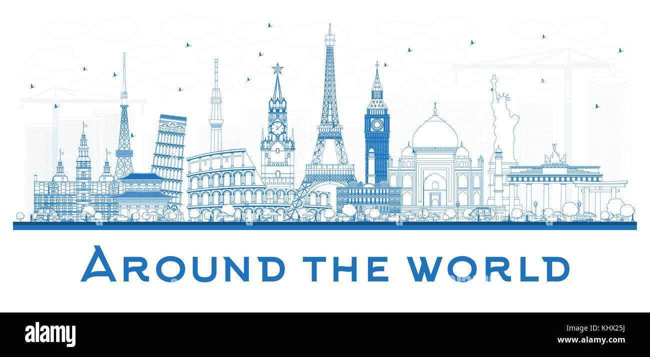 Rund um die Welt outlinetravel Konzept mit international bekannten Wahrzeichen. Vector Illustration. Wirtschaft und Tourismus Konzept. Bild für Präsentation, Stock Vektor