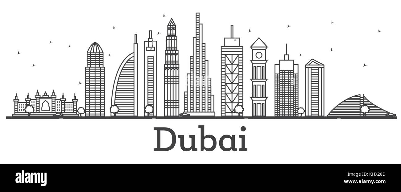 Umrisse Dubai uae Skyline mit modernen Gebäuden. Vector Illustration. line Art Stadtbild mit Sehenswürdigkeiten. Stock Vektor