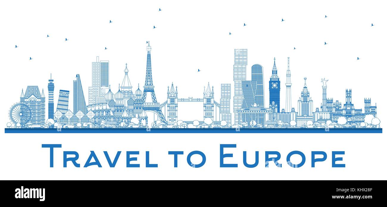 Übersicht Sehenswürdigkeiten in Europa. London, Paris, Moskau, Rom, Madrid. Vector Illustration. Business Travel und Tourismus Konzept. Bild für presentat Stock Vektor