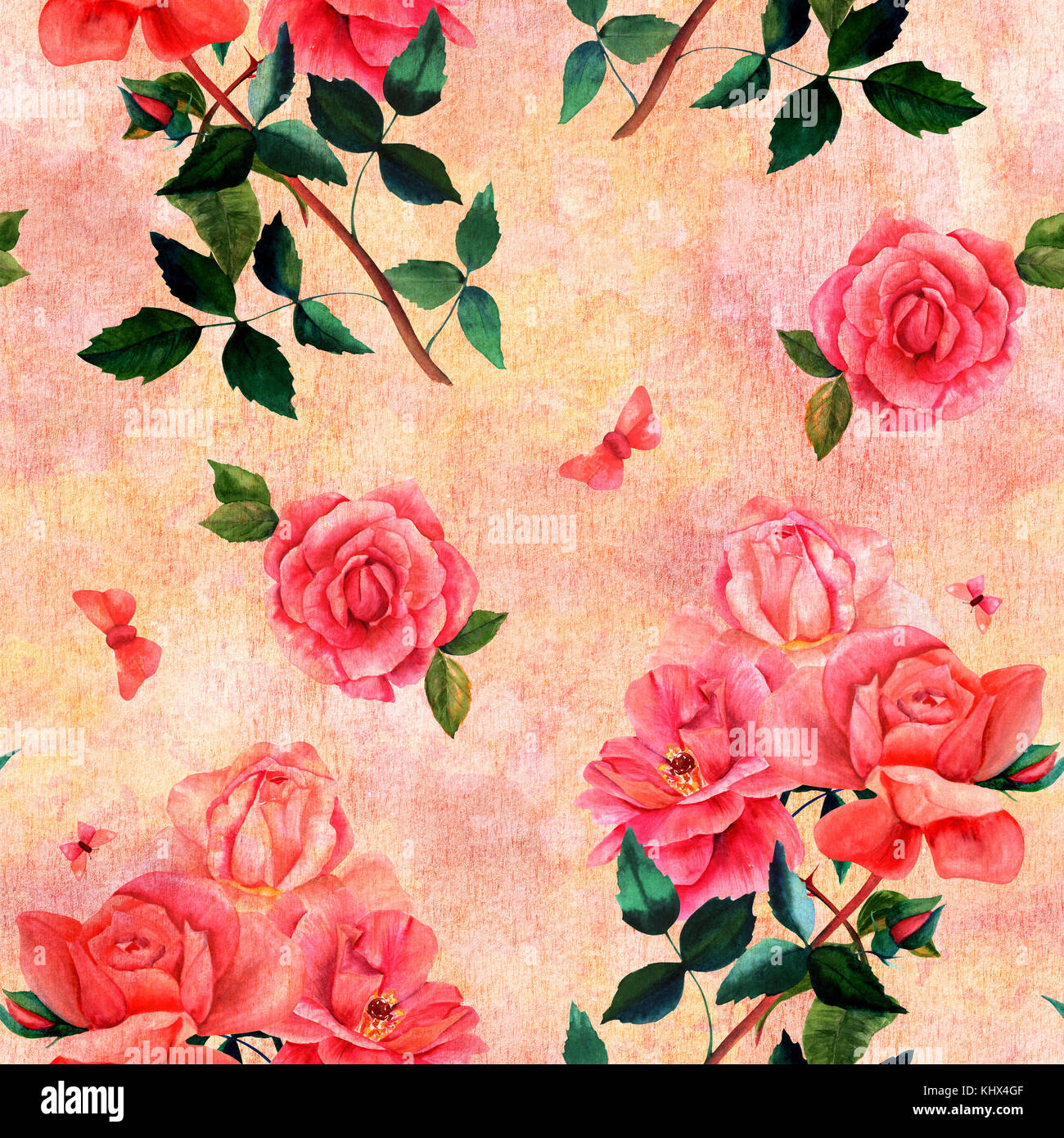 Nahtlose Muster mit Aquarell Zeichnungen von Rot und Rosa rose Blumen und Schmetterlingen, in Pastelltönen Hintergrund, Hand im Stil der Alten Botanischen lackiert Stockfoto