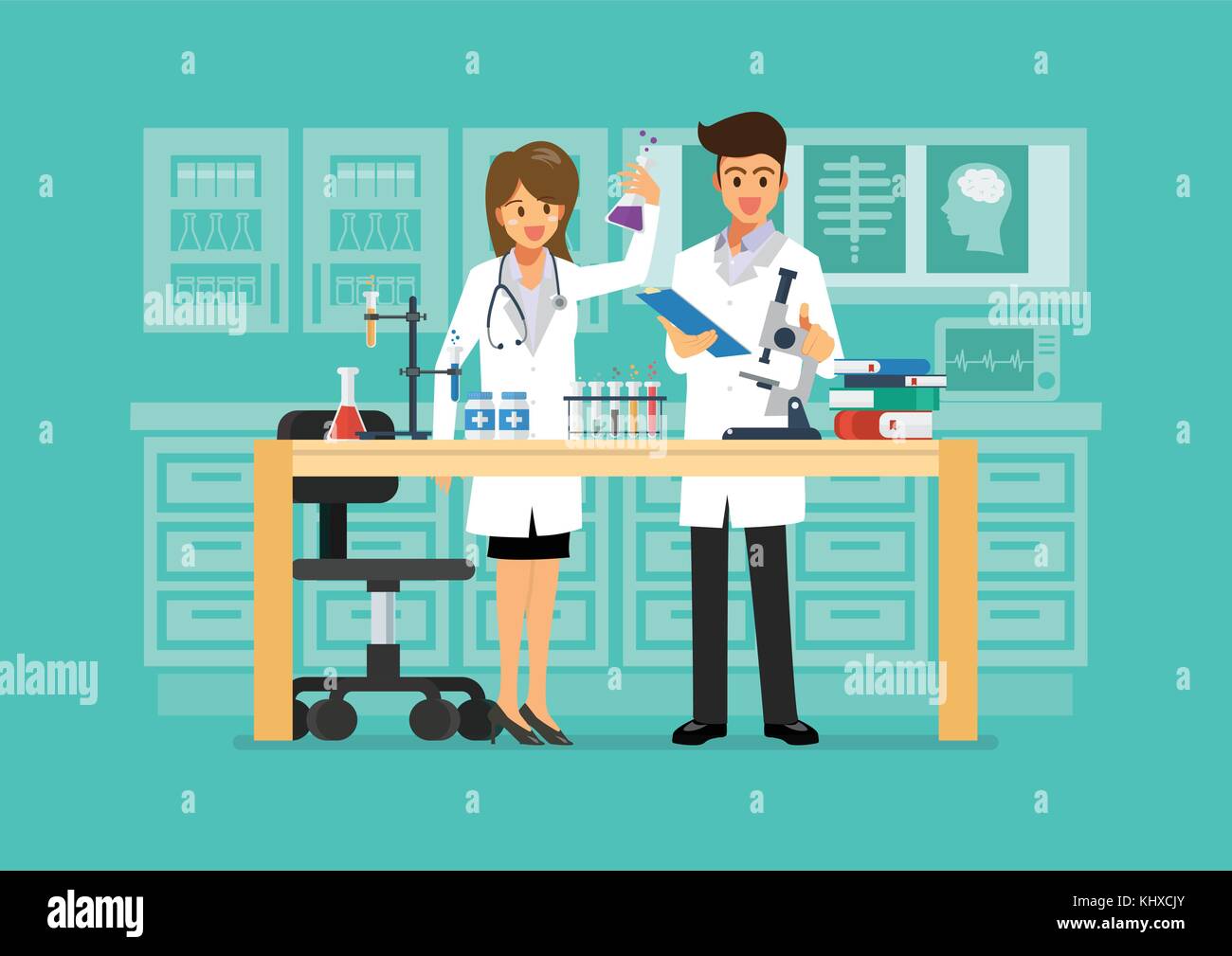 Arzt und Wissenschaft Techniker forschen in medizinischen Labors. Vector Illustration Stock Vektor