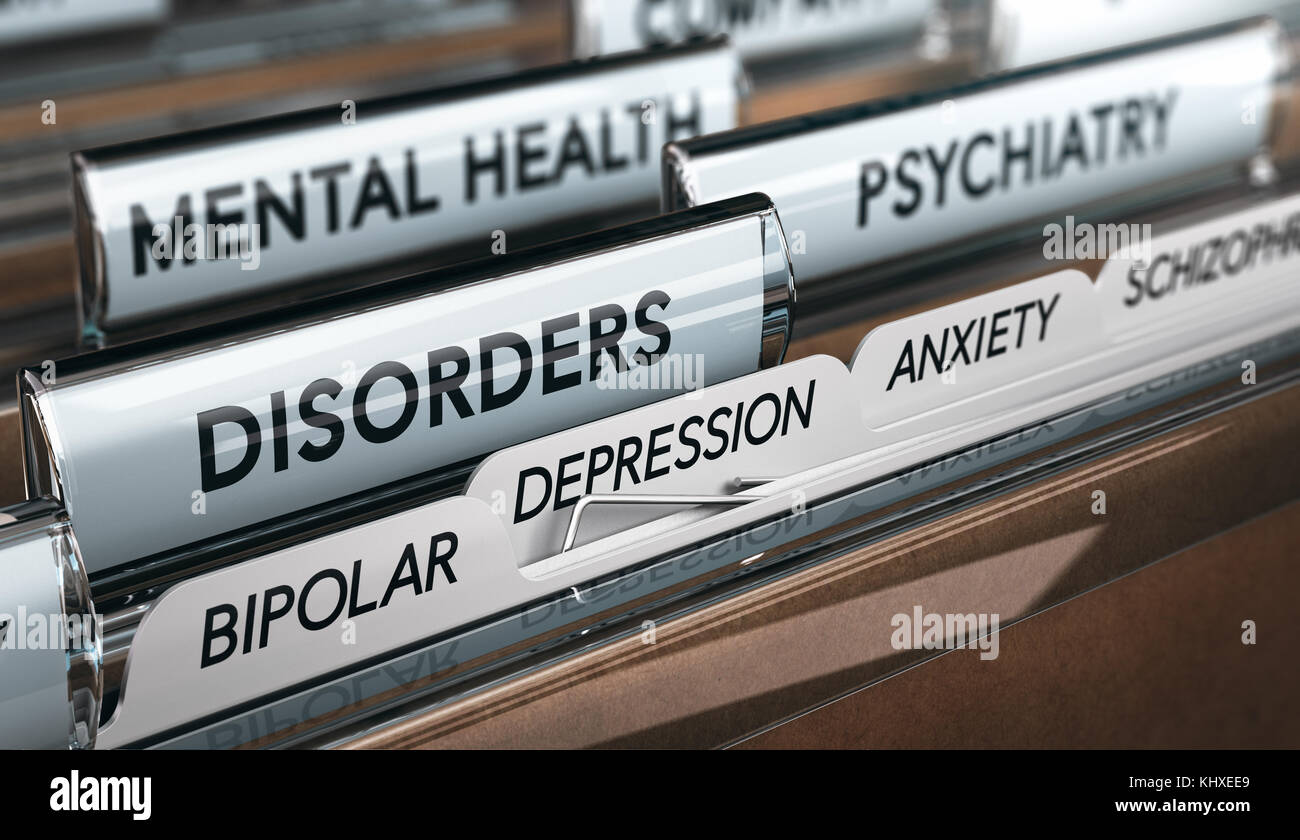 Psychische Gesundheitskonzepte. Akte mit einer Liste psychiatrischer Störungen. 3D-Abbildung Stockfoto