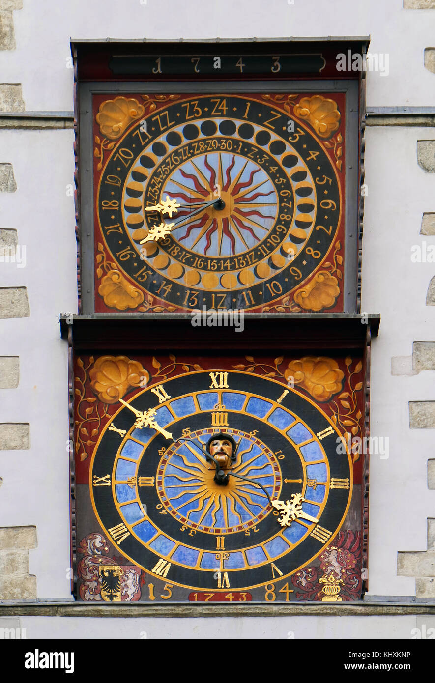 Europa, Deutschland, Sachsen, Görlitz, die Altstadt, die unter Marktplatz, das Rathaus turm, das Rathaus turm; historische mittelalterliche astronomische Uhr Stockfoto