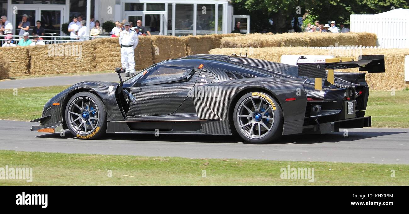 Sgc003 von James glickenhaus am 2015 Goodwood Festival der Geschwindigkeit gefahren wird. Dieses Auto wurde vom Nürburgring für zu laute verboten. Stockfoto