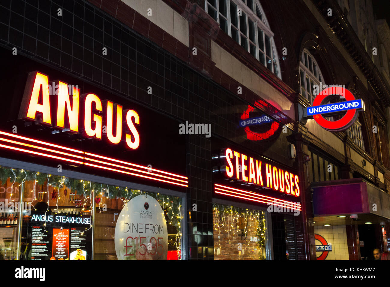Die Außenseite des Angus Steak House, Coventry Street, Leicester Square, London, UK Stockfoto