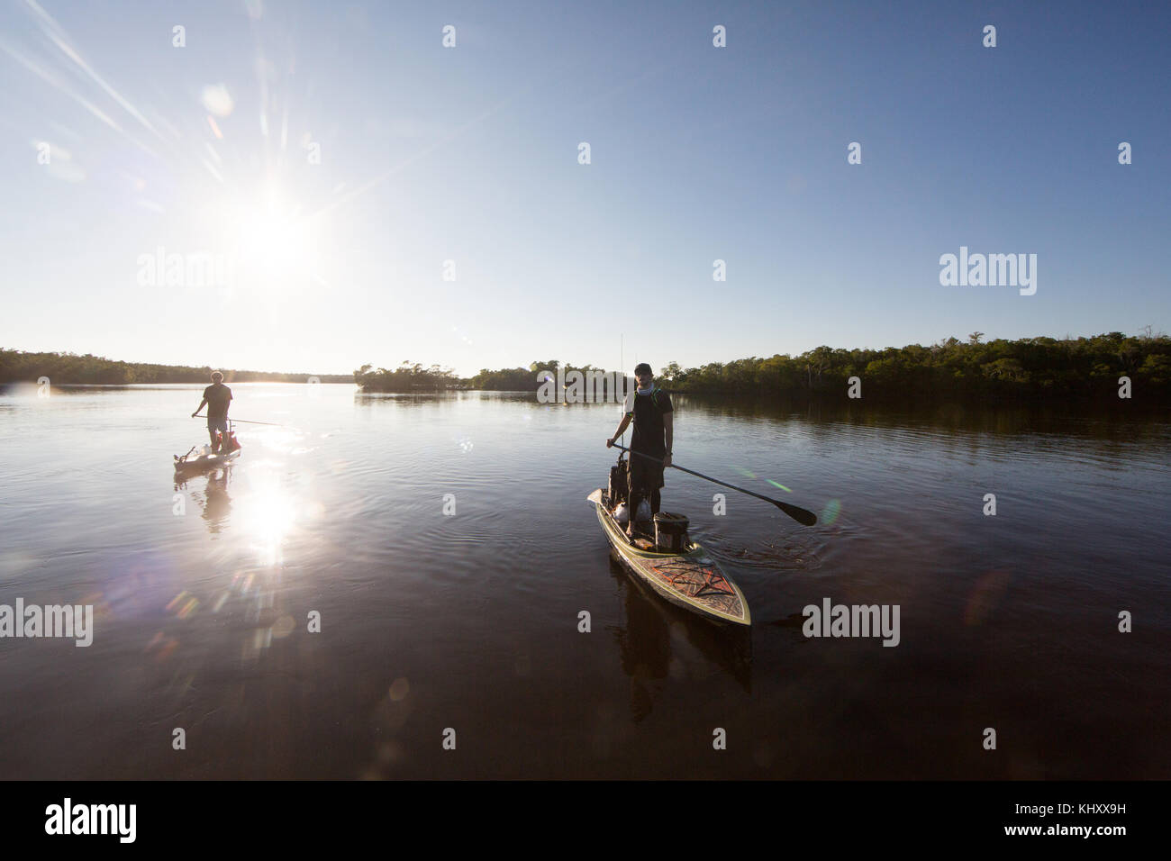 Zwei Männer Paddle Boarding auf Wasser Stockfoto