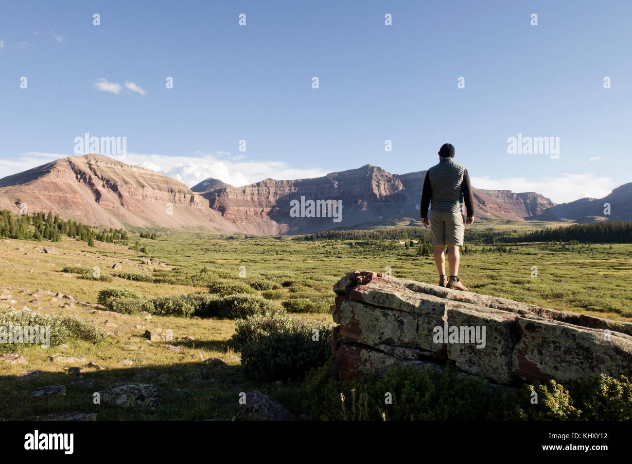 Männliche Wanderer und Blick auf die Landschaft und die Berge, Wasatch-Cache National Forest, Utah, USA Stockfoto