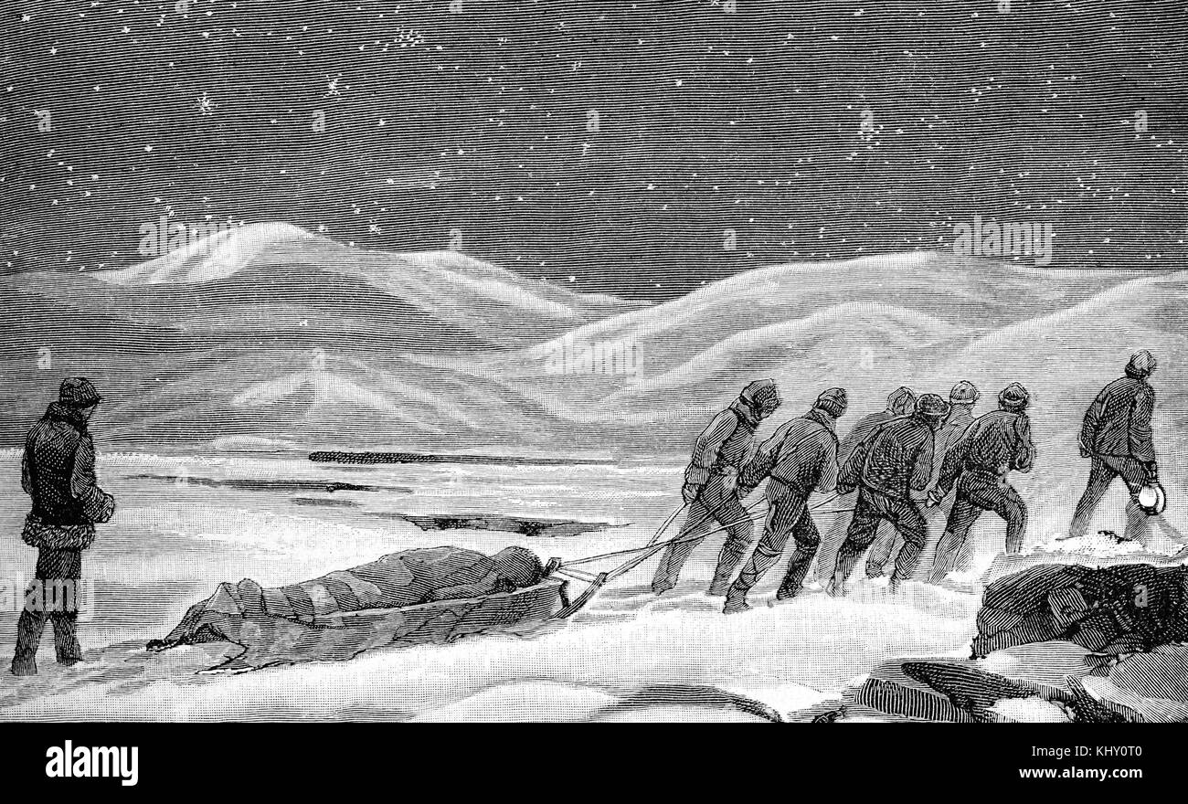 Vintage-Gravur, Arktis-Expedition, Todestransport zu Fuß und Grabstätte Stockfoto
