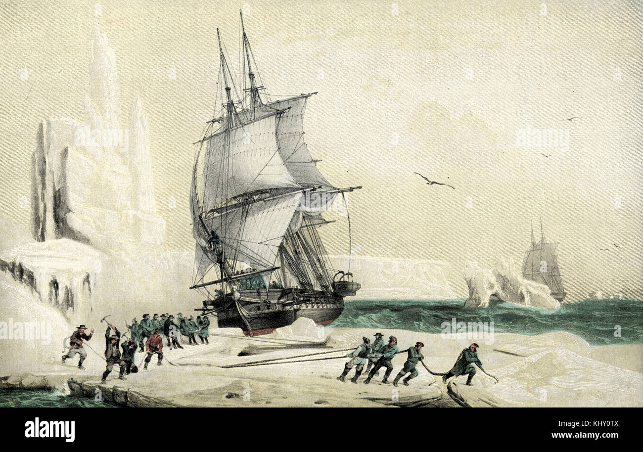 Dumont d'Urville Corvette astrolabe Zu den magnetischen Südpol im Packeis eingeschlossen, Jahr 1838 Stockfoto