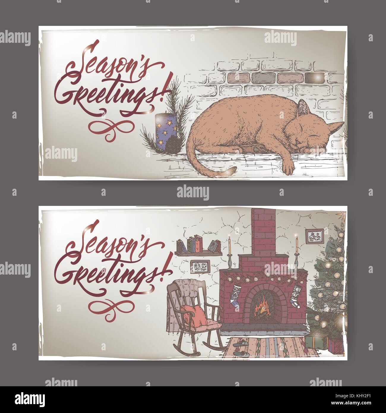 2 Farbe weihnachten Banner mit gemütlichen Zimmer mit Kamin, Katze schlafen auf Kamin Mantel und Urlaub Bürste Schriftzug Stock Vektor