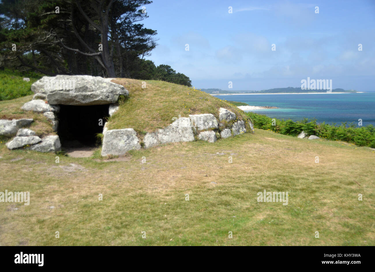 Die alten Innisidgen obere Grabkammer auf der Insel St Marys in der Scilly-inseln, Großbritannien. Stockfoto