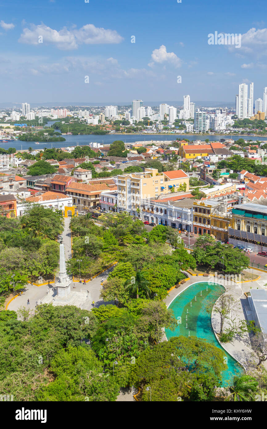 Blick auf Parque Centenario und Getsemani, Cartagena de Indias, Kolumbien Stockfoto