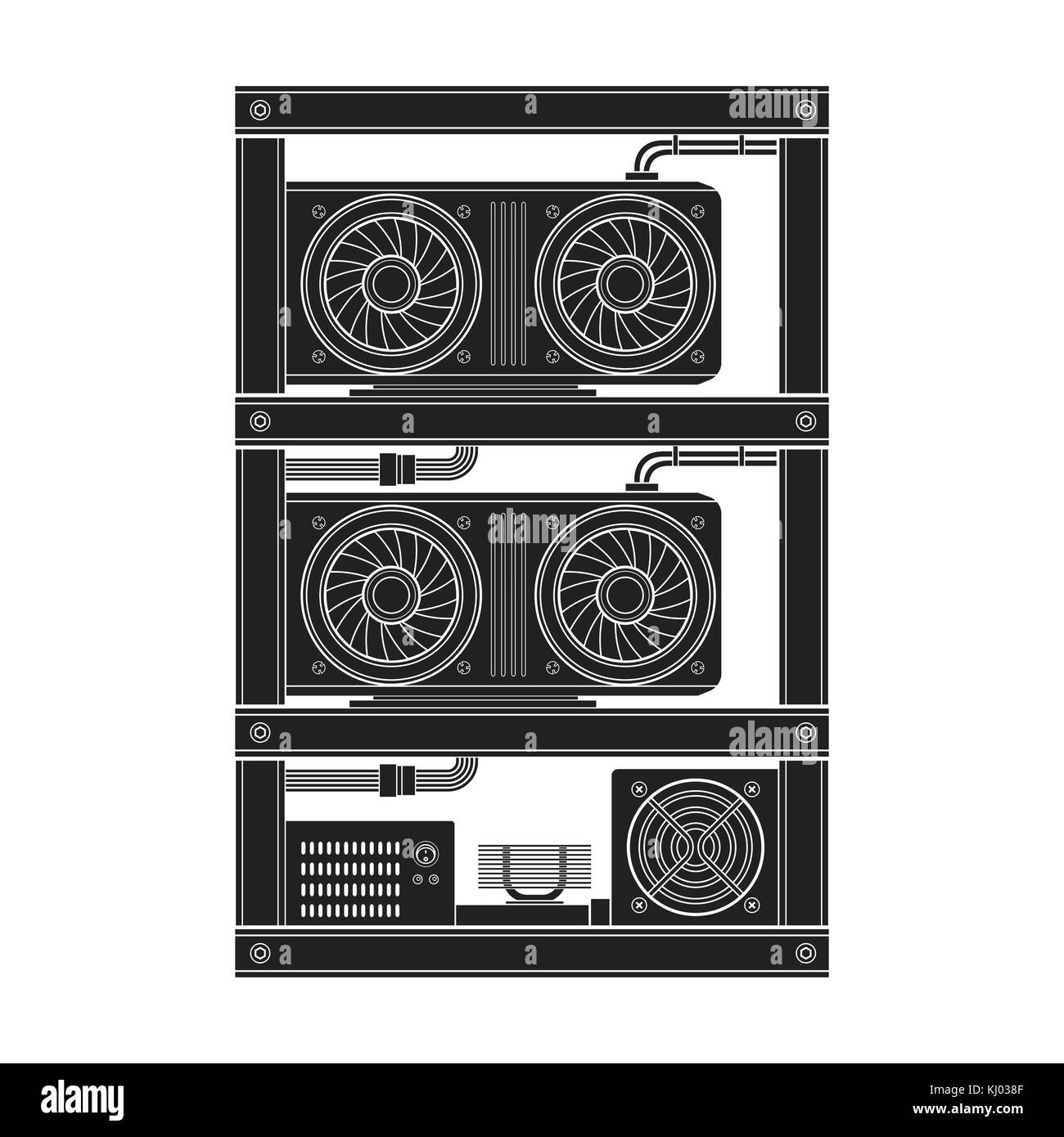 Vector schwarz monochrome gpu Miner rig Farm crypto Währung Graphics Processing Unit Gerät solide Abbildung auf weißem Hintergrund Stock Vektor