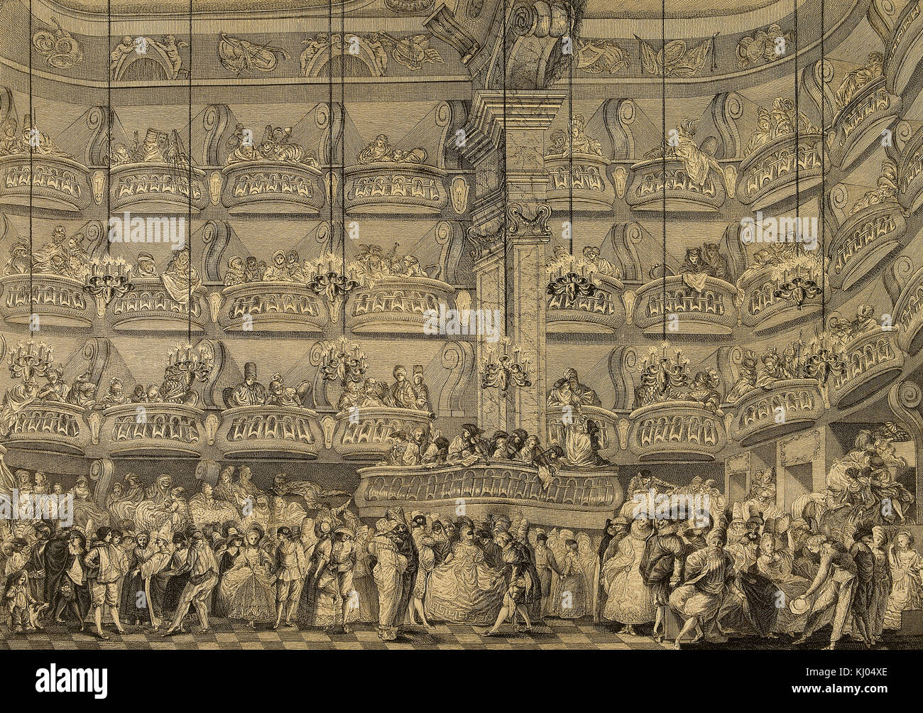 Spanien. Madrid. Tanz der Masken im Teatro del Príncipe, 1770. Kupferstich von Juan Antonio Salvador Carmona y García (1740-1805) vor einem Gemälde von Luis Paret y Alcazar (1746-1799). Stockfoto